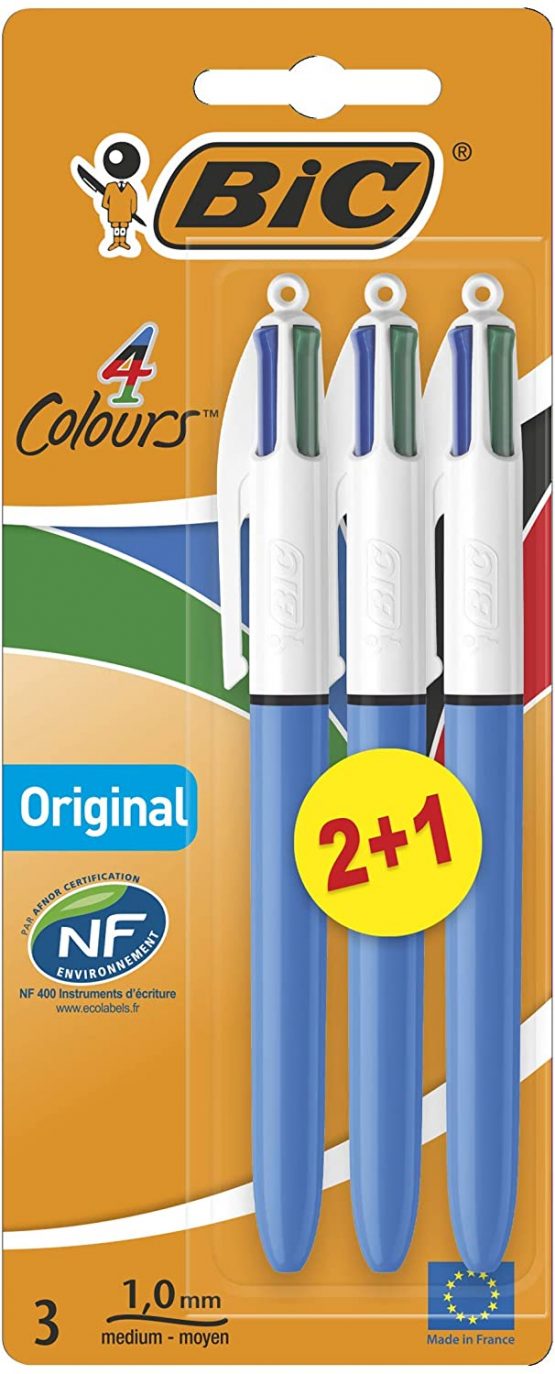 BIC 4 Colours Original, Retractable Ballpoint Pens, Multi-coloured Medium Point (1.0mm), Pack of 3