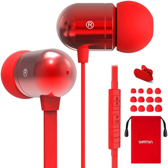 Betron B750s Earphones, Wired In-Ear Headphones Earphones with Microphone, Noise Isolating, Tangle-Free Cable, Enhanced Bass, Red