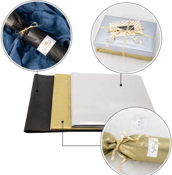 Whaline Metallic Tissue Paper GiftWrapping Paper, Large 20" x 28" for Home, Kitchen, Wine Bottles, DIY Art Craft, 60 Sheet（Gold, Silver and Black） - Image 2