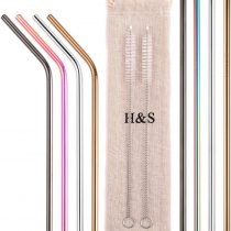 H&S 8 Metal Straws Reusable Coloured Stainless Steel Drinking Straws 2 Cleaning Brush Cleaner for Smoothie Hot Drinks with Bag Rainbow