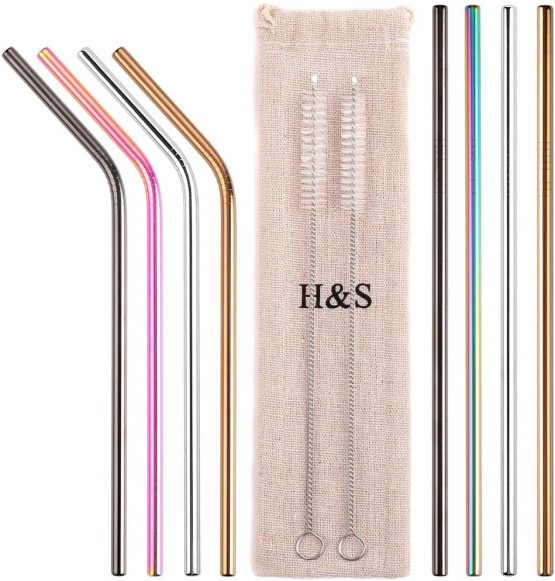 H&S 8 Metal Straws Reusable Coloured Stainless Steel Drinking Straws 2 Cleaning Brush Cleaner for Smoothie Hot Drinks with Bag Rainbow