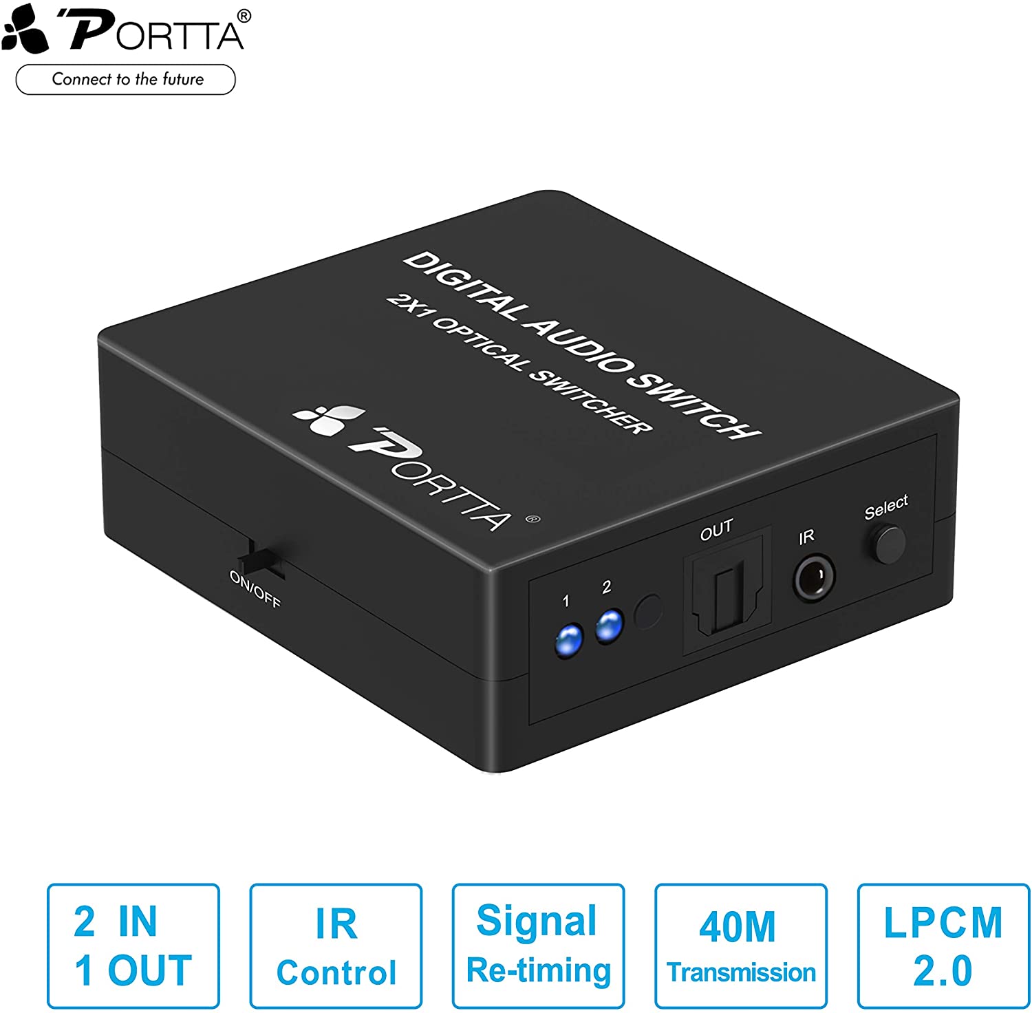 Portta SPDIF Toslink Switcher 2x1 Digital Optical Audio Switch with IR Remote Control 1:1 Transmission for Xbox/Blu-ray player/Sound Bar/Receiver/Speakers/DVD Player/Amplifier and More