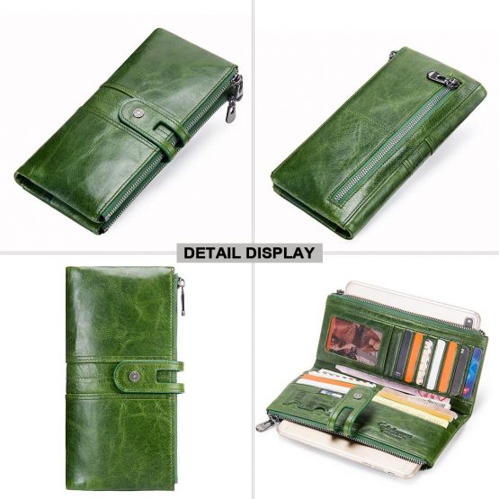 Contacts Women Real Leather ID Card Coin Phone Holder Zipper Clutch Purse Wallet (Green)(Size: One Size) - Image 4