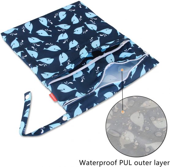 Damero 3 pcs Baby Wet Dry Cloth Diaper Bag, Reusable Wet Dry Nappy Bag, Travel Diaper Organiser Bag for Baby's Nappies, Dirty Clothes and More (Whale) - Image 2
