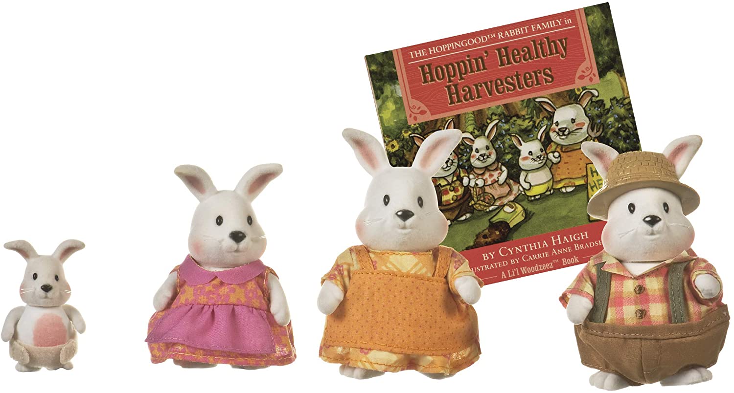 Li'l Woodzeez, Hoppingoods Rabbit Family, Set of 4 Collectible Posable Bunny Figures with Storybook