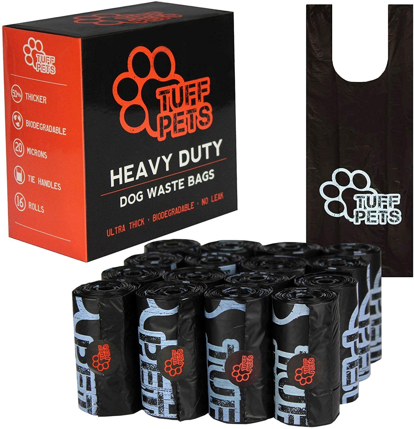 Tuff Pets, Dog Poop Bags Rolls With Tie Handles, 16 Rolls of Biodegradable Poo Bags