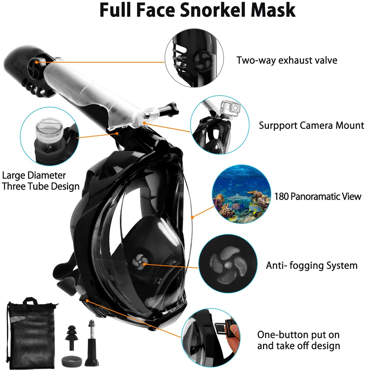 X99 Snorkel Mask Foldable 180 Panoramic View Free Breathing Full Face ...