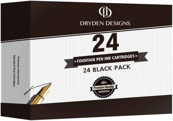 Dryden Designs Fountain Pen Ink Cartridges - SET OF 24 BLACK INK CARTRIDGES - Short International Standard Size - Disposable and Generic Ink Refill Cartridges - Perfect for Calligraphy