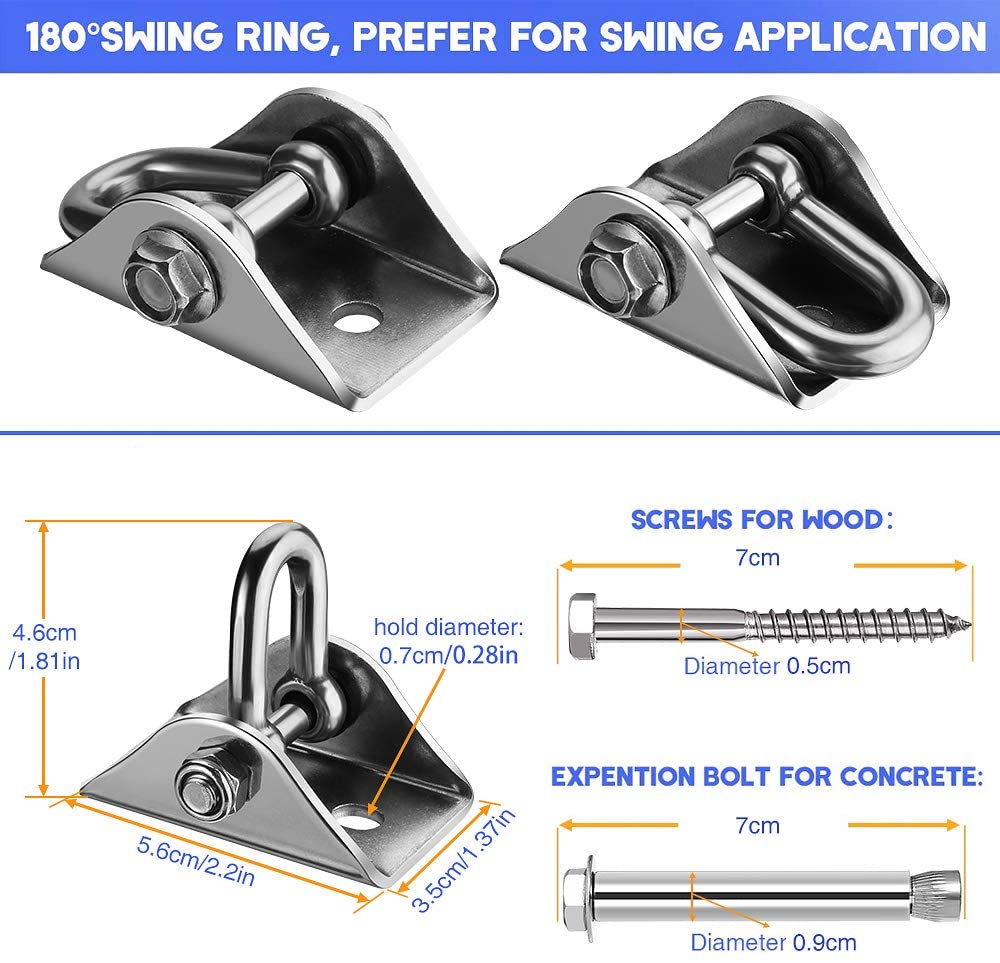 Awroutdoor Swing Hangers Hooks,Set of 2 Stainless Steel 180°Swivel Hammock Hooks with Locking Carabiner,1000LB Capacity for Concrete Wooden Sets Playground Porch Indoor Outdoor Seat Trapeze Yoga - Image 4