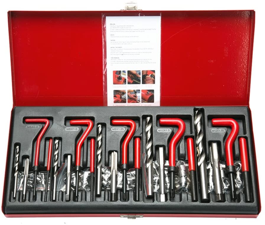 FreeTec 131 Piece Helicoil Type Thread Repair Kit M5 M6 M8 M10 M12 Thread Repair Kit, Red