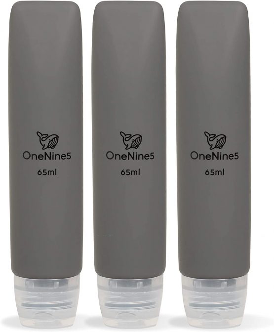 OneNine5 3-Pack of 65ml Grey Silicone & Reusable Travel Bottles. TSA/Airline Approved. with Squeezy, Refillable & Leak-Proof Design. for Toiletries & Cosmetics.