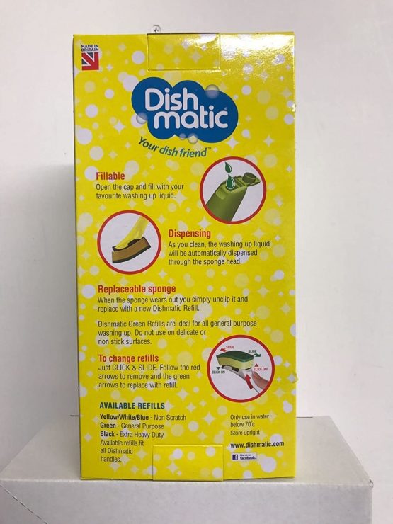 Dishmatic Value Pack Kit – 1x Refillable Washing-Up Liquid Dispensing Handle with 6X Replaceable General-Purpose Sponge Heads – Antibacterial Kitchen Washing-Up Handle with Easy-Grip Handle - Image 2