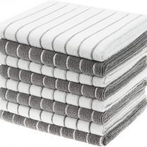 Gryeer Microfibre Tea Towels - Pack of 8 (Stripe Designed Grey and White Colours) - Soft, Super Absorbent and Lint Free Kitchen Towels, 45 x 65 cm