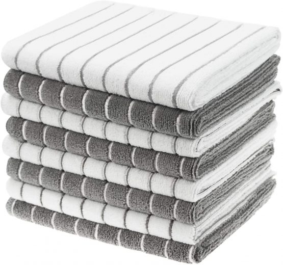 Gryeer Microfibre Tea Towels - Pack of 8 (Stripe Designed Grey and White Colours) - Soft, Super Absorbent and Lint Free Kitchen Towels, 45 x 65 cm