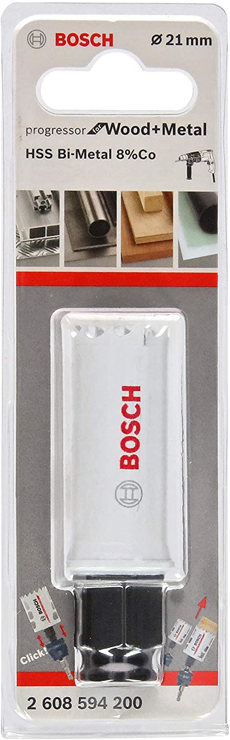 BOSCH Bi-Metal Hole Saw (for Wood and Metals 8% Cobalt Alloy, Progressive Tooth Design, diameter 21 mm, Accessory Drills)