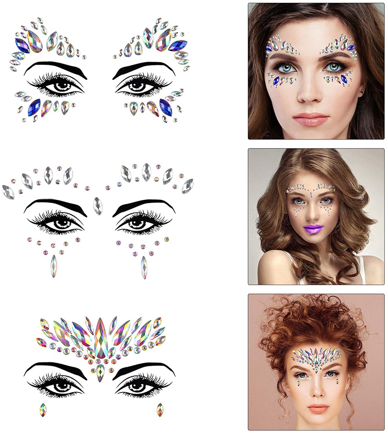 KATOOM 9 Pack Face Gems Elf Rhinestones Stickers Fairy Make-up Temporary Tattoo Glitter Mermaid Face Jewels Eyebrow Body Sticker for Carnival Party Music Festival Dress-up - Image 4