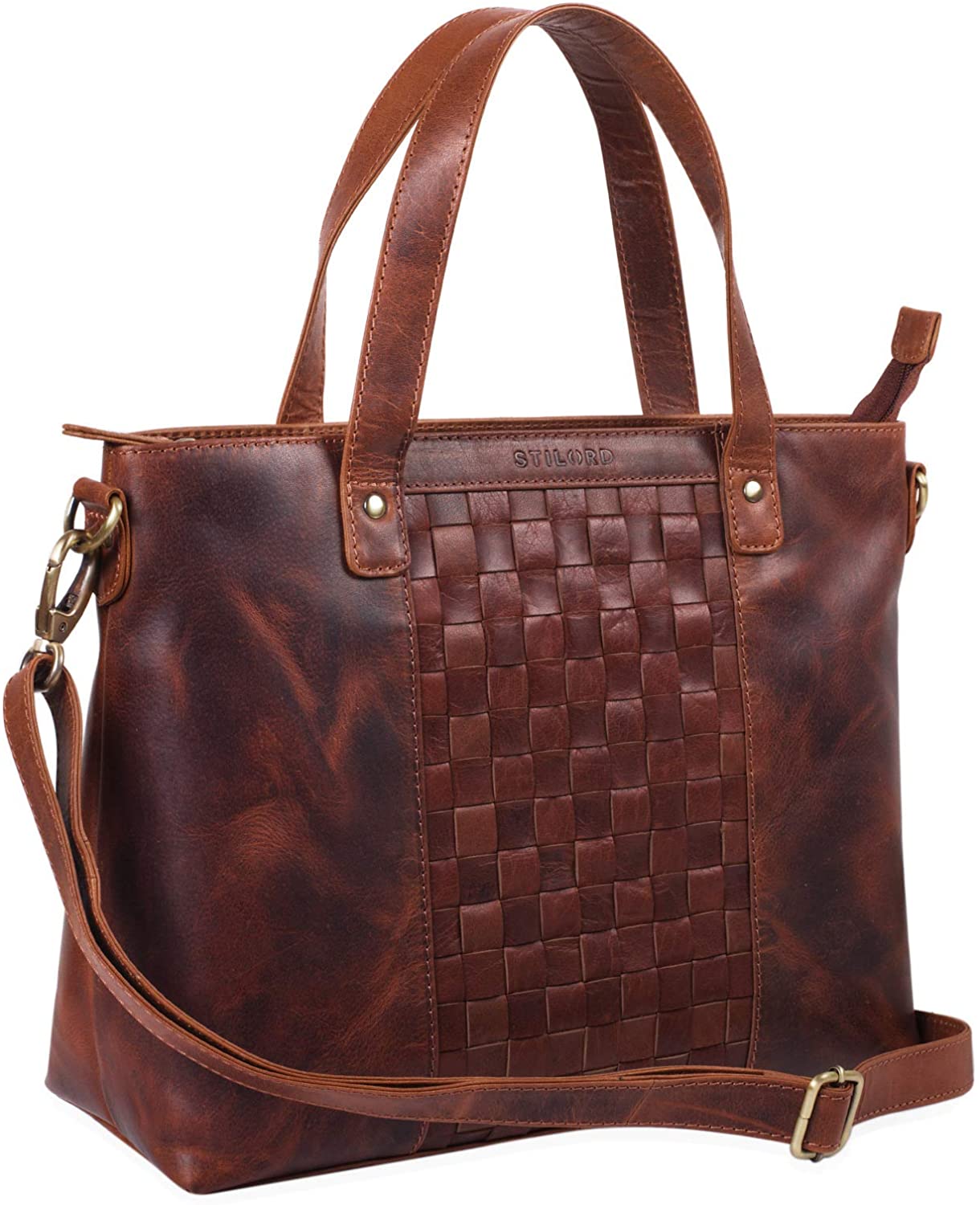 STILORD "Mara" Elegant Vintage Hand Bag Woven Leather for Women Shoulder Bag Weave Braided for 13,3'' MacBooks Buff Leather Colour:Siena