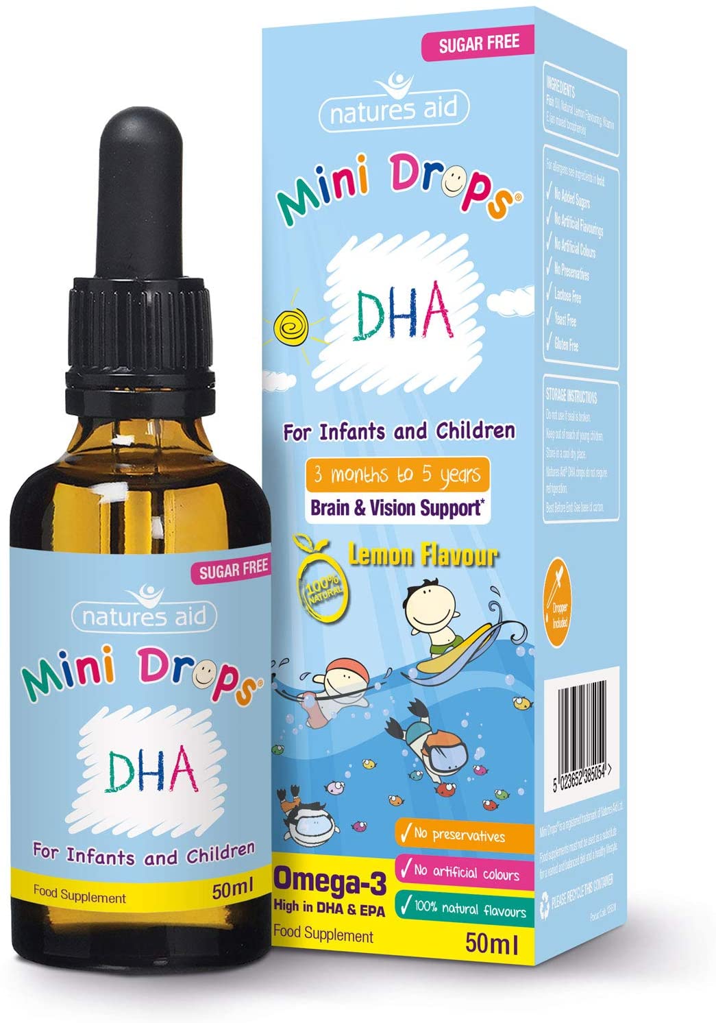 Natures Aid DHA Omega-3 Mini Drops for Babies & Kids 50ml, Supports Brain & Vision Health, Sugar-Free, Vegan, Gluten-Free