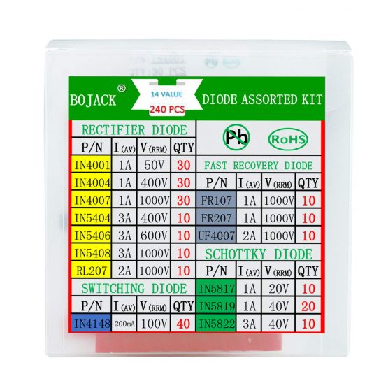 BOJACK 14 value 240 pcs Diode Assortment Kit Contain Rectifier/Fast Recovery/Schottky/Switching Diode 1N4001 IN4004 IN4007 IN5404 IN5406 IN5408 RL207 FR107 FR207 UF4007 IN5817 IN5819 IN5822 IN4148