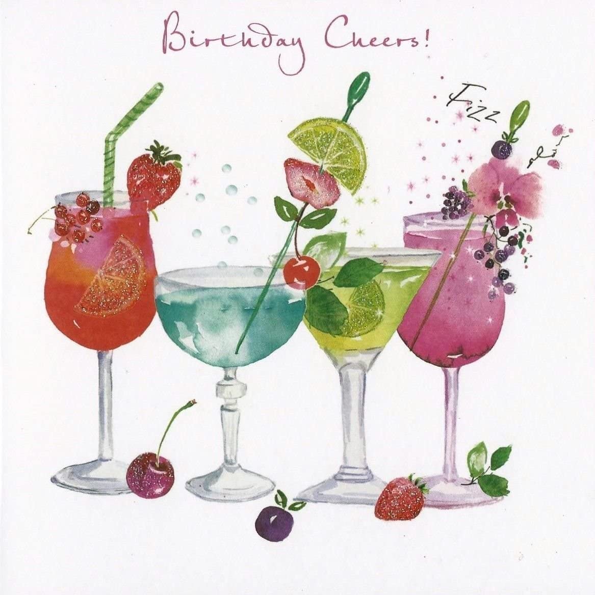 Greeting Card (NQ0263) Female Birthday - Cocktails - Birthday Cheers - Flittered Finish, White, 150mm x 150mm
