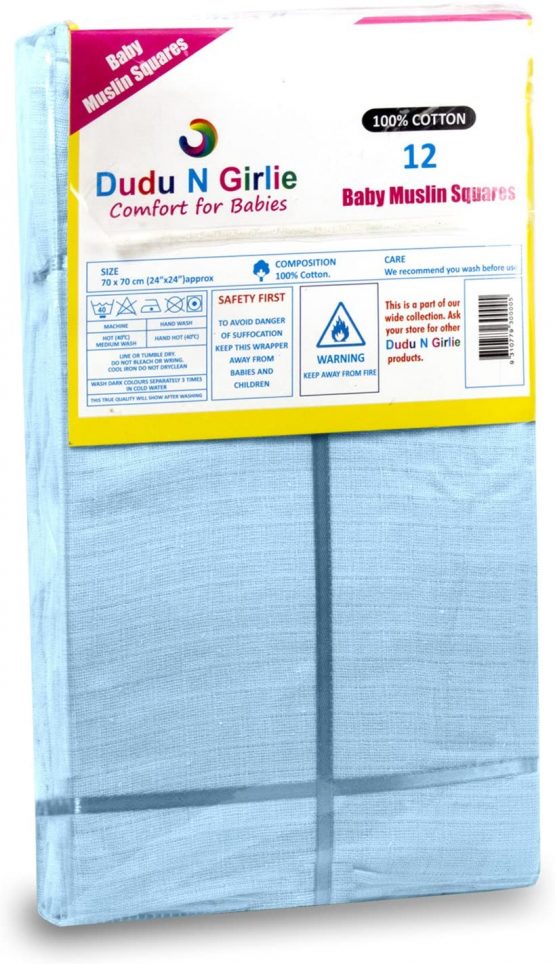 Dudu N Girlie Baby Muslin Square Burp Cloth 100% Pure Soft Cotton 70x70cm (Blue, Pack of 12) - Image 2
