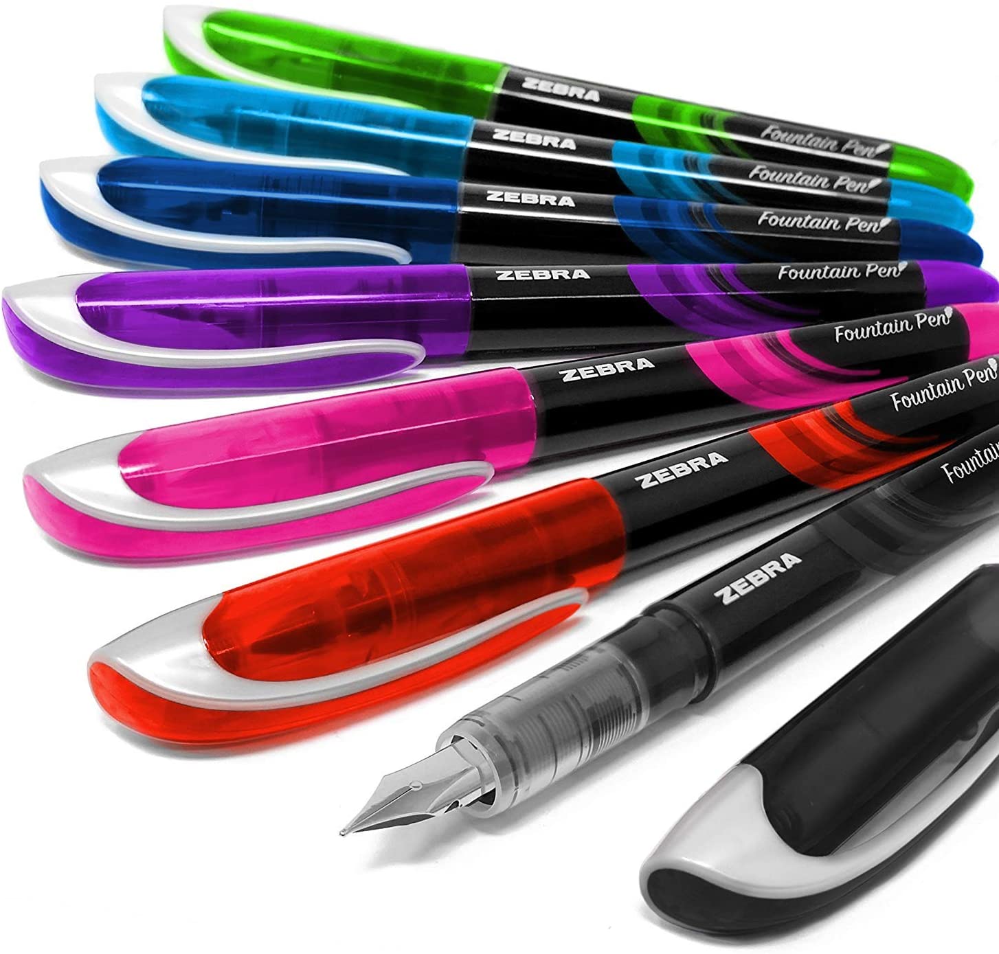 Zebra Fuente - Disposable Fountain Pen - One of Each Coloured Ink - Pack of 7, Black,Blue,Green,Purple, 1 count (Pack of 7)