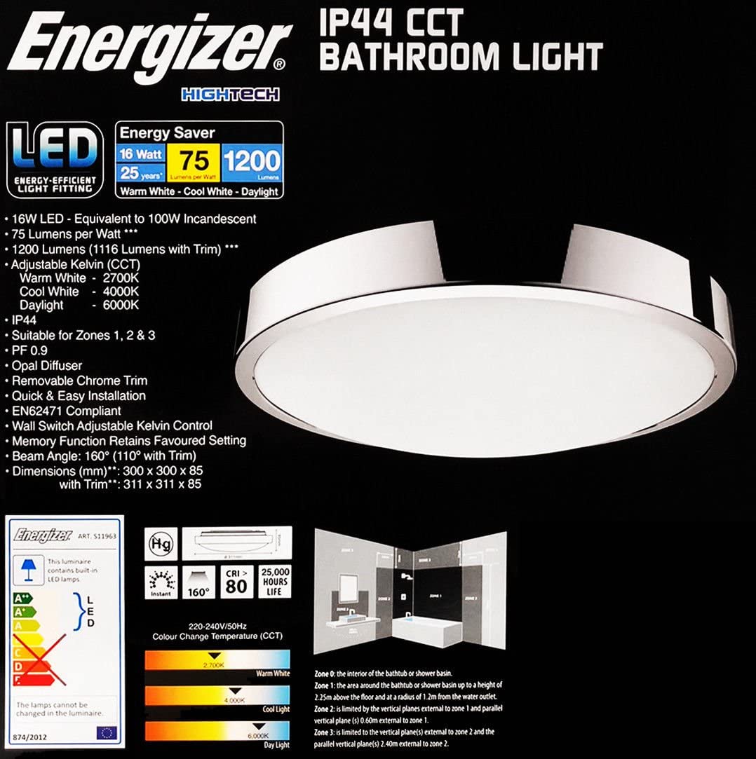 Energizer LED bathroom ceiling light CCT Waterproof IP44 Colour temperature changing light