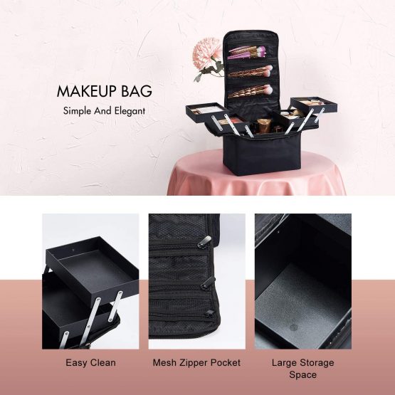 HST Large Beauty Makeup Nail Art Cosmetics Box Vanity Case Jewellery Storage Holder with Carry Strap Nylon Fabric Black, 29cm×21cm×25cm - Image 4
