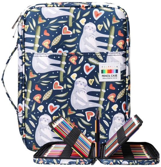 BOMKEE Large Pencil Case 220 Slots Colored Pen Organizer Bag Portable Handy Drawing Painting Storage Stationery Pouch Waterproof Multilayer Gel Pens Watercolor Pencils Holder for Kids Adults(Sloth)