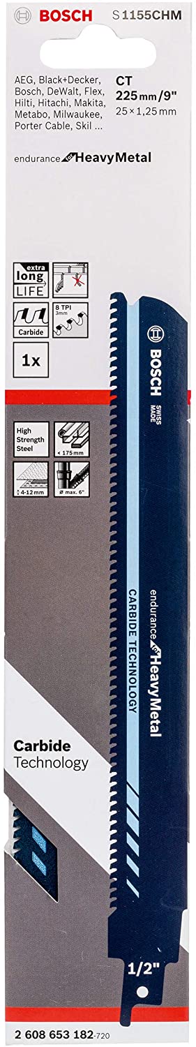 Bosch Professional 2608653182 Reciprocating Saw Blade S 1155 CHM Endurance for Heavy Metal (for metal 225 x 25 x 1.25 mm