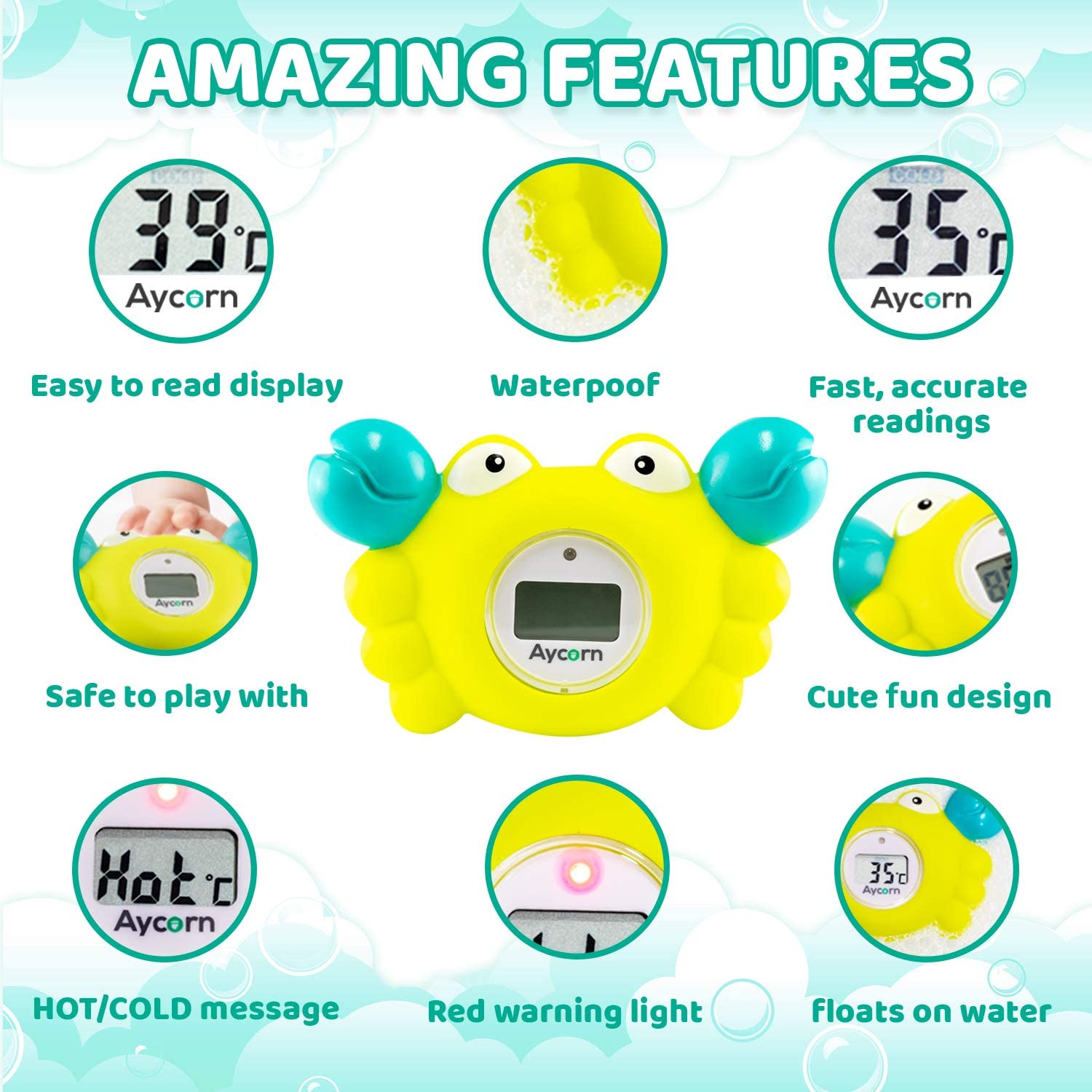 Aycorn Digital Baby Bath and Room Thermometer. Fast and Accurate Water Readings with LED Warning Alarm Ensures Your Child's Safety. Cute Floating Bathtub Toy Makes Perfect Bathtime Fun for Infants - Image 3