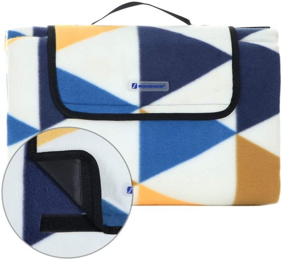 SONGMICS Picnic Blanket, 200 x 200 cm, Outdoor Beach Blanket for Camping, Park, Yard, with Waterproof Backing, Foldable, Yellow and Blue Triangle Pattern GCM76S - Image 4