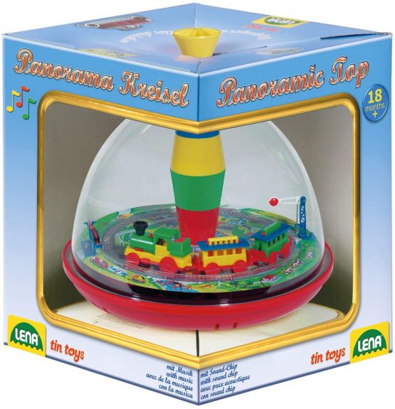 Lena 52120 tin Toys Panorama Ø19 cm, Plastic Humming, Classical Pump Mechanism, Musical Locomotive, Stand, Spinning top for Children from 18 Months, Colourful - Image 2