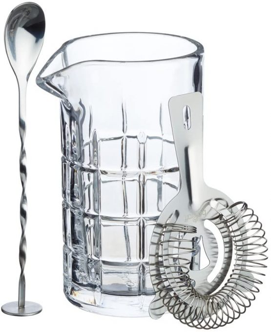 BarCraft BCMIXER KitchenCraft Cut-Glass Cocktail Mixing Glass with Stirring Spoon and Strainer, Includes Recipe Booklet and Gift Box, 3 Piece Set, 9.5 x 11 x 16.5 cm