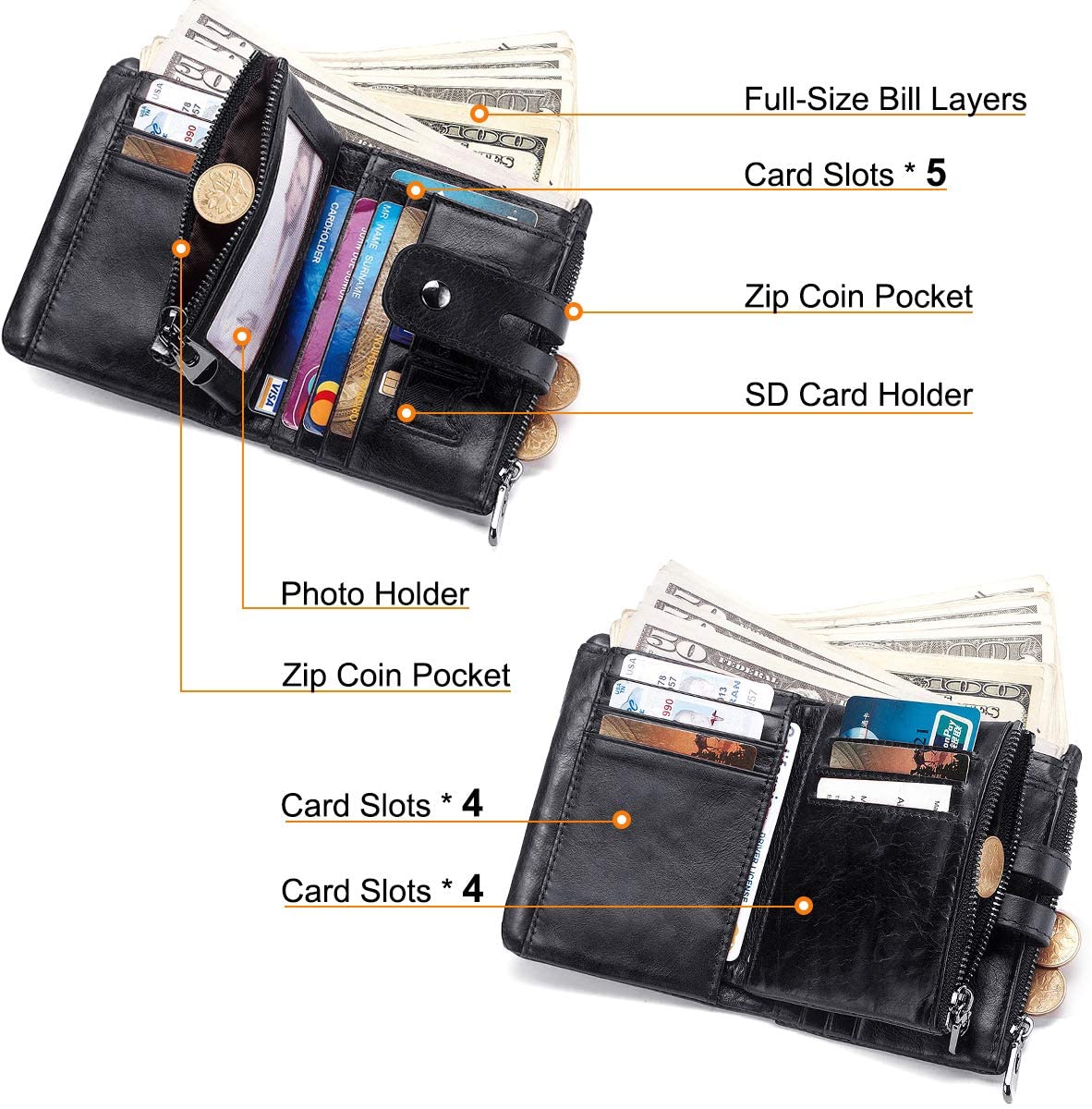 REETEE Mens Wallet RFID Blocking Men's Genuine Leather Wallet and Zipper Coin Pocket Bifold Purse with Chain 16 Credit Card Holder Genuine Leather Gents Wallets Slim Purse (Black) - Image 3