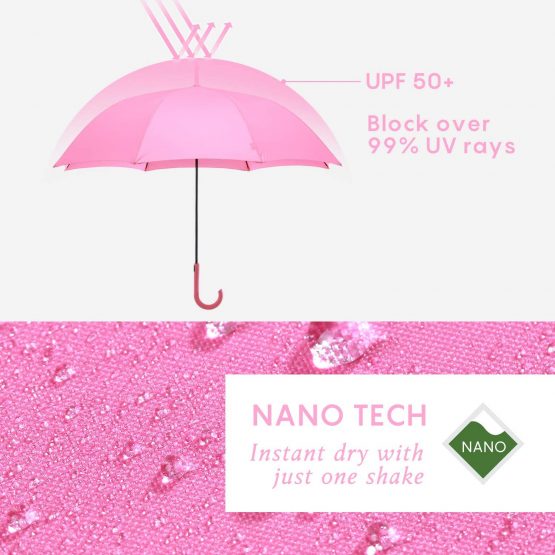 RUMBRELLA Pink UV Stick Umbrella Auto Open UPF 50+ with J Hook Handle 50IN - Image 2