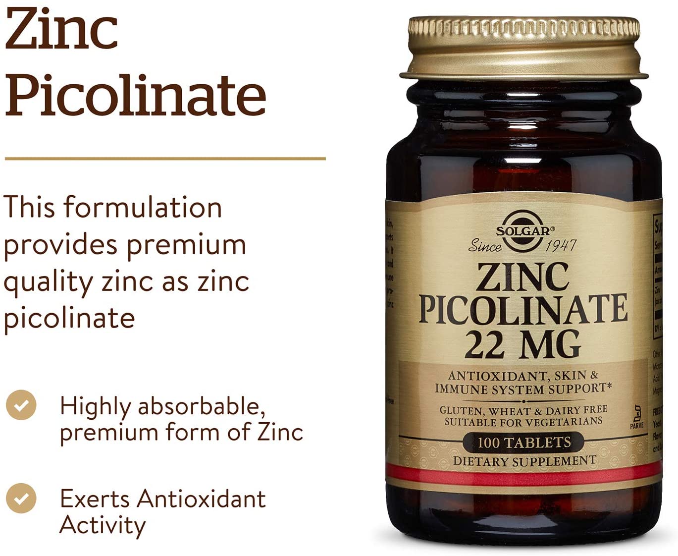 Solgar Zinc Picolinate 22 Mg Tablets, Healthy Skin, Hair and Nails, Highly absorbable Premium Form, Easy to Swallow, Vegan - Image 3
