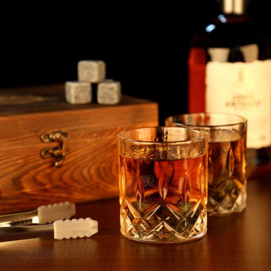 Whisky Stones and Glasses Gift Set, Whisky Rocks Chilling Stones in Handmade Wooden Box– Cool Drinks Without Dilution – Whisky Glasses Set of 2, Gift for Dad, Husband, Men (Whiskey Stones Gift Set) - Image 2