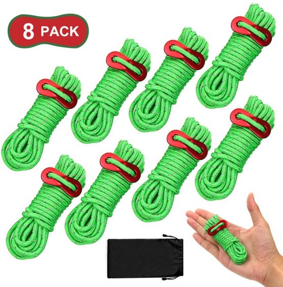 BHGWR 8 Pack Reflective Tent Guy Ropes, Light-Weight Tent Guide Lines Cord with Aluminum Tensioners Adjuster, 13 Feet Green Guy Rope Ideal for Outdoor Camping Hiking Awning Tents