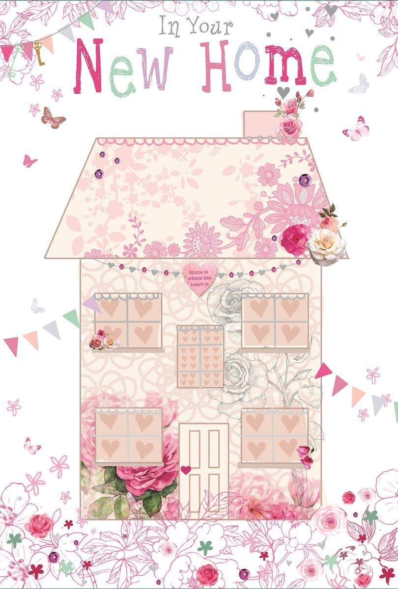 New Home Greetings Card - House with Rainbow out of Chimney Gold Foil 7.75x5.25, Multi, 7.75" x 5.25"