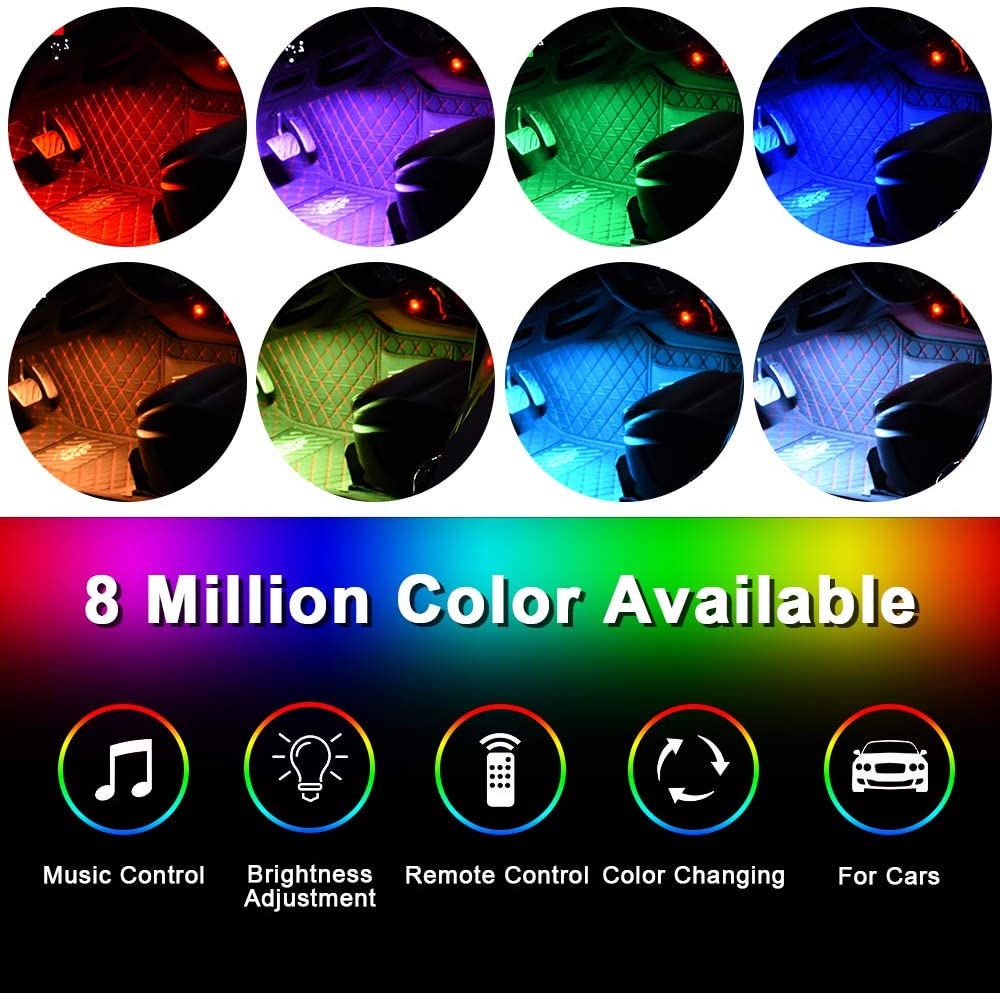 Interior Car Lights Trongle Car Strip LED Lights, Waterproof with 4pcs 48 LEDs 8 Colors with Sound Sensor and Remote Control - Image 2
