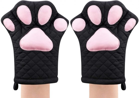 Oven Mitts,Cute Design Funny Cat Heat Resistant Cooking Glove Quilted Cotton Lining- Heat Resistant Pot Holder Gloves for Grilling & Baking Gloves BBQ Oven Gloves Kitchen Tools Gift Set (Black)