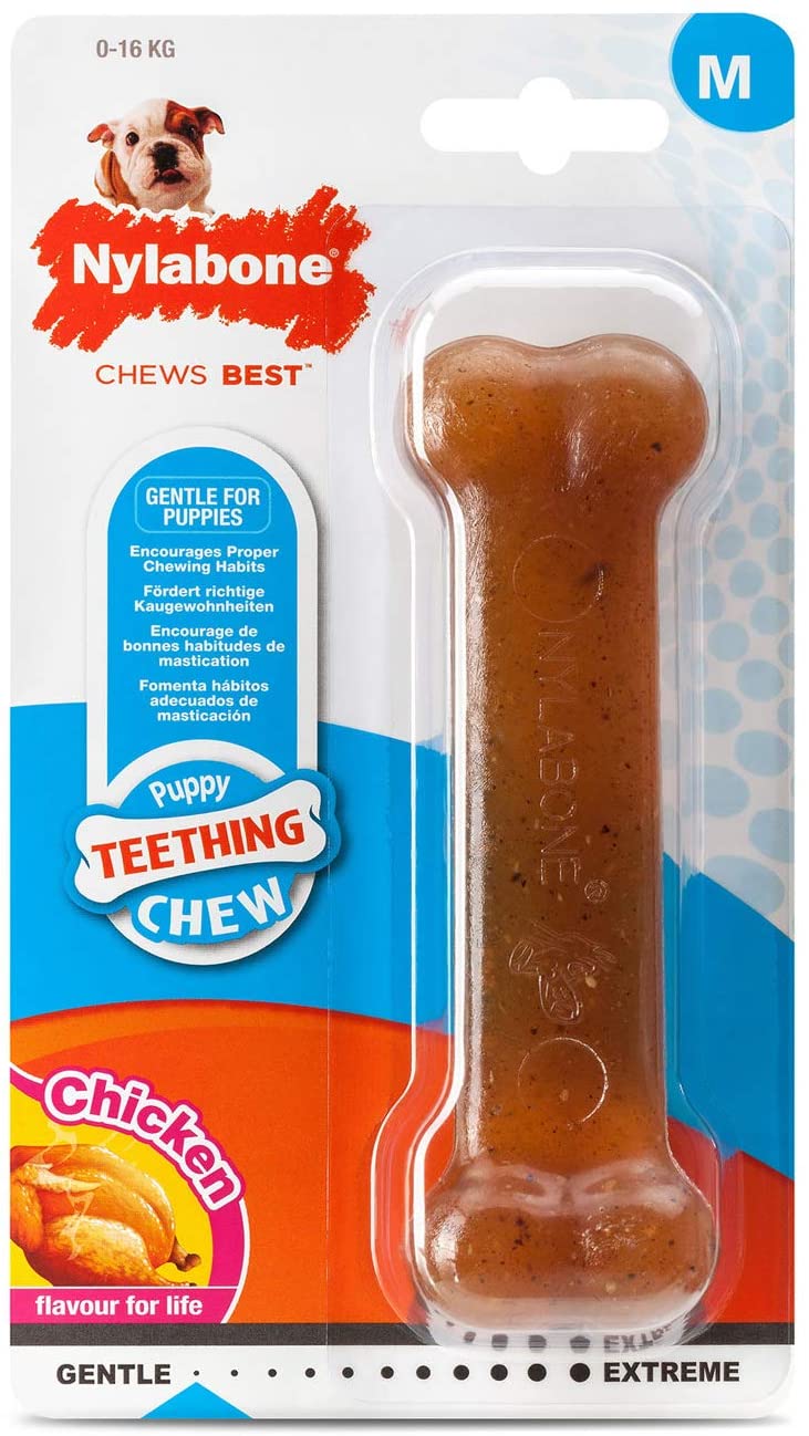 Nylabone Gentle Puppy Dog Teething Chew Toy Bone, Chicken Flavour, Medium, for Puppies Up to 16 kg, Dark Brown