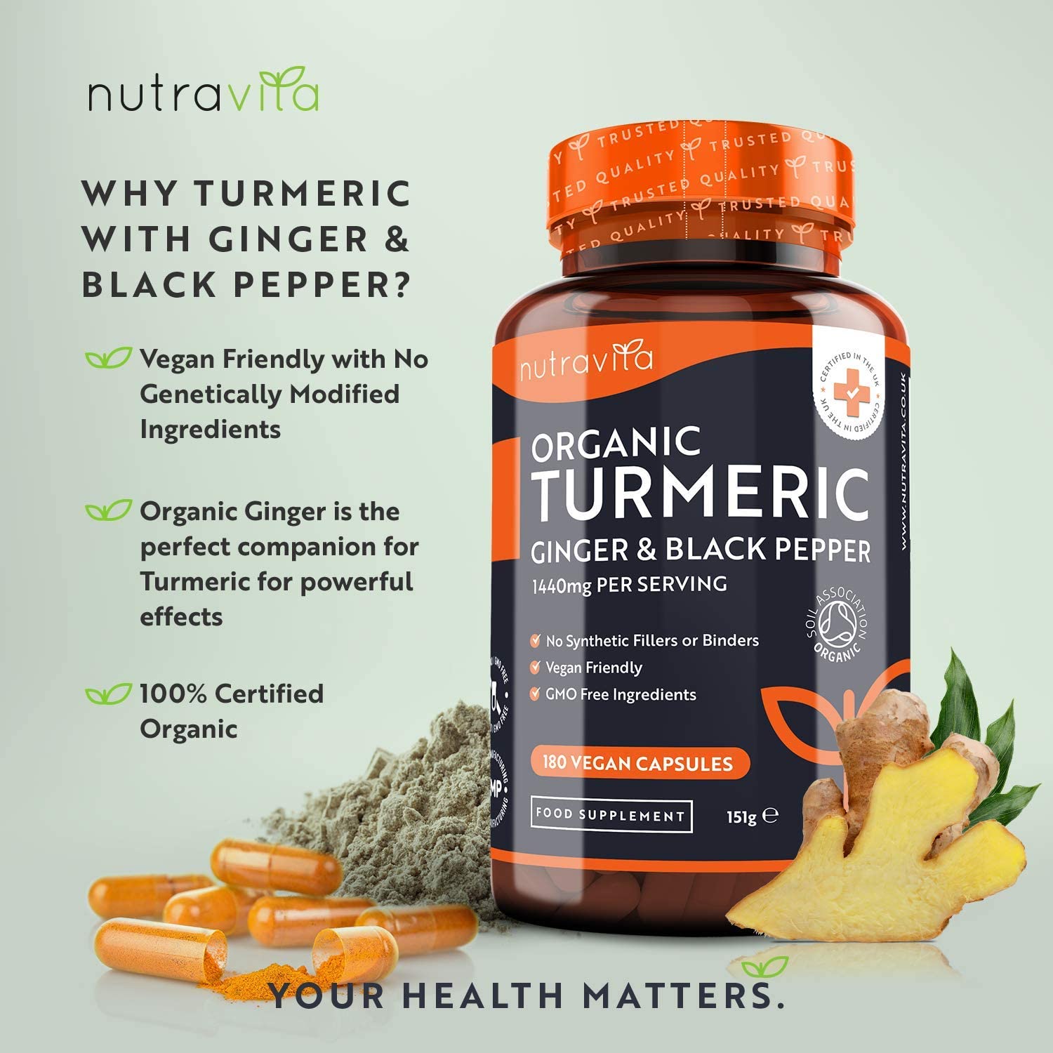 Nutravita Organic Turmeric 1440mg (High Strength) with Black Pepper & Ginger, 180 Vegan Turmeric Capsules (3 Month Supply) - Image 2