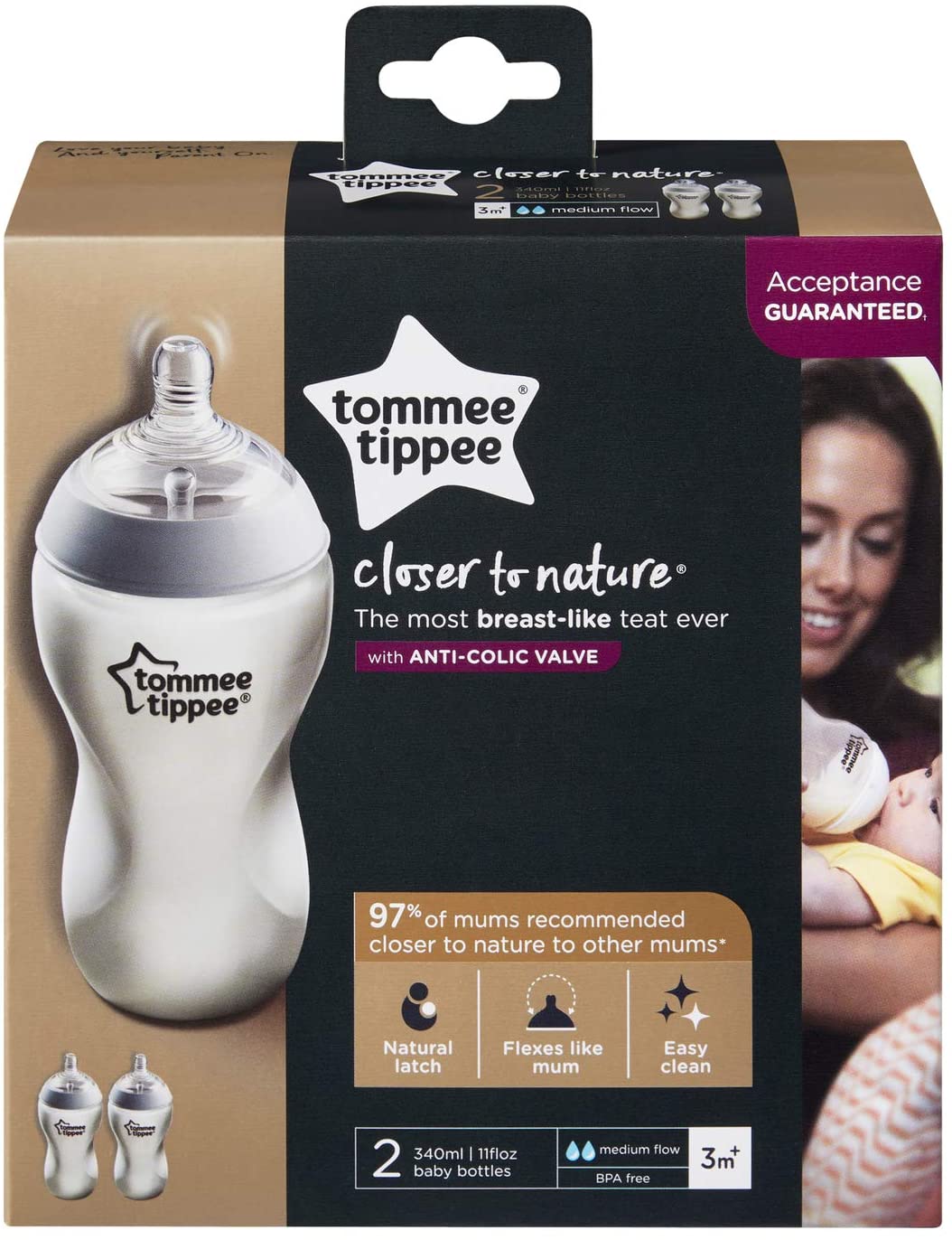 Tommee Tippee Closer to Nature Baby Bottles, Medium Flow Breast-Like Teat with Anti-Colic Valve, 340ml, Pack of 2, Clear - Image 3