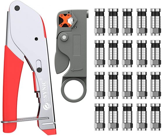 eSynic Coax Crimping Tool Coax Cable Crimper Tool Kit F-Type Compression Crimping Tool for RG6 with 20pcs Crimp Connector Tool and Rotary Coaxial Cable Cutter for RG-58 RG-59 RG-62