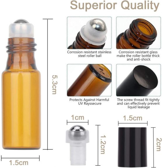10Pcs Essential Oils Roller Bottles, Yalbdopo 5ml Refillable Amber Sample Glass Roll on Bottles with Stainless Steel Roller Balls & 1 Dropper & 1 Bottle Opener, Great for Aromatherapy, Fragrance - Image 2