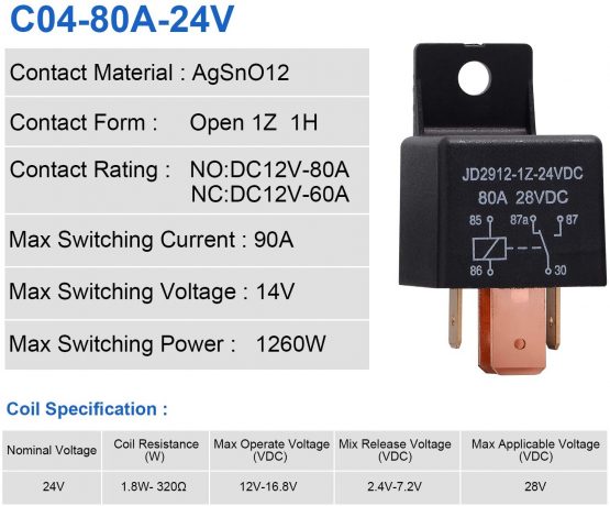 Ehdis 5 Pack Car relay 24V 80 AMP 5 Pin, JD2912-1Z-24VDC 80A 28VDC SPDT Truck Boat Van Vehicle Automotive Relay 24V Switch - Image 3