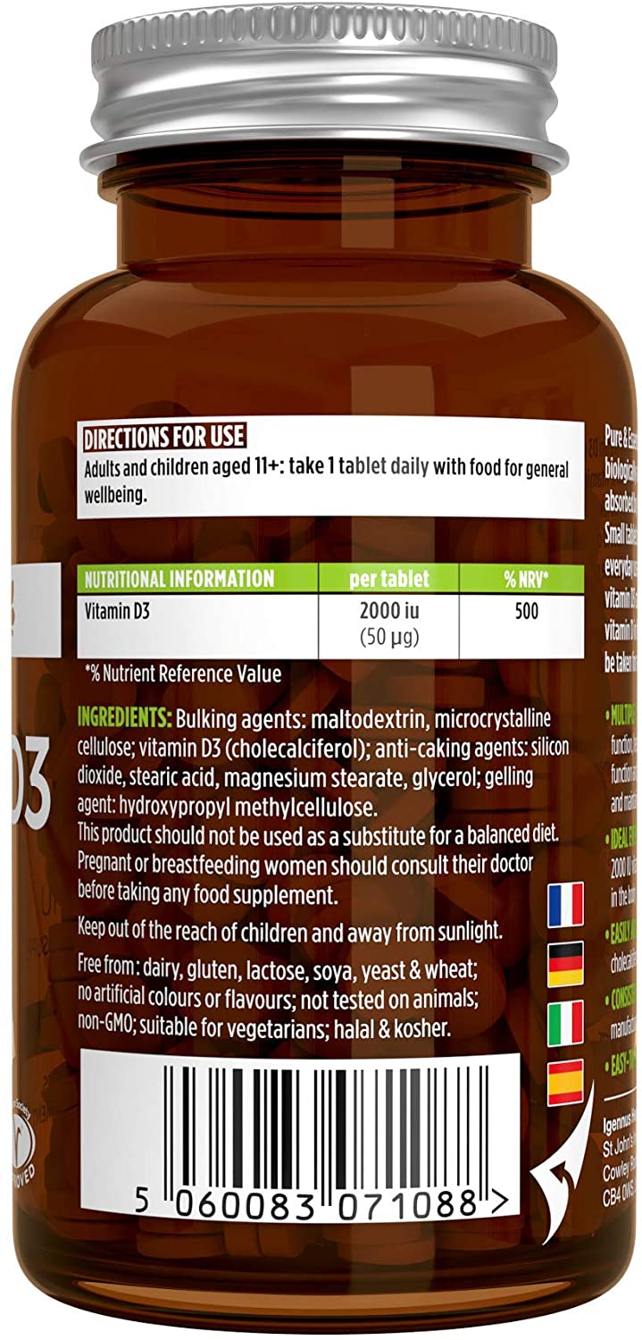 Igennus Pure Vitamin D3 2000iu, Clean Label, 365 Small Tablets, 1-Year Supply - Image 3