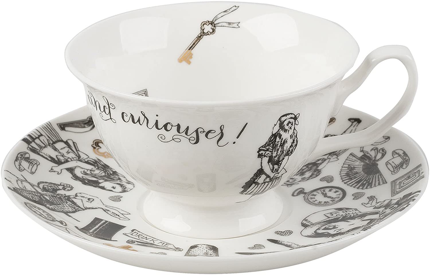 V&A Alice in Wonderland Tea Cup and Saucer, 210 ml (7 fl oz), White, 6.7 x 14.4 x 14.4 cm